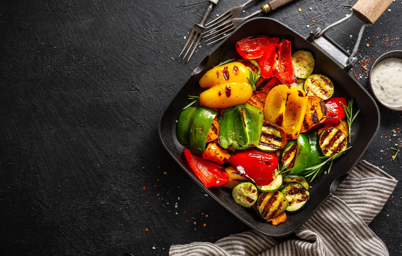 Photo wallpaper fabric, pepper, plug, vegetables, sauce, spices, rosemary, zucchini