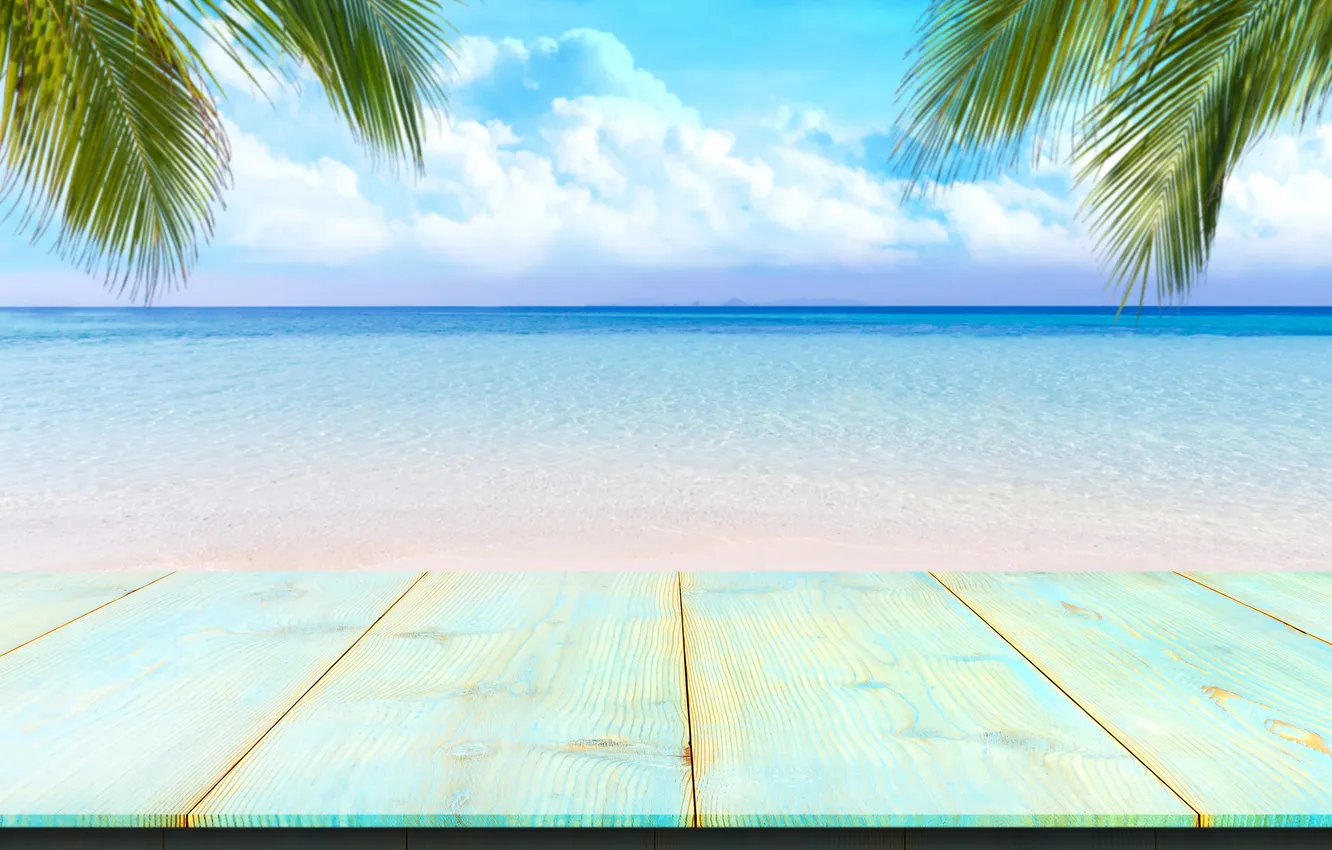 Photo wallpaper sand, sea, wave, beach, summer, the sky, palm trees, shore