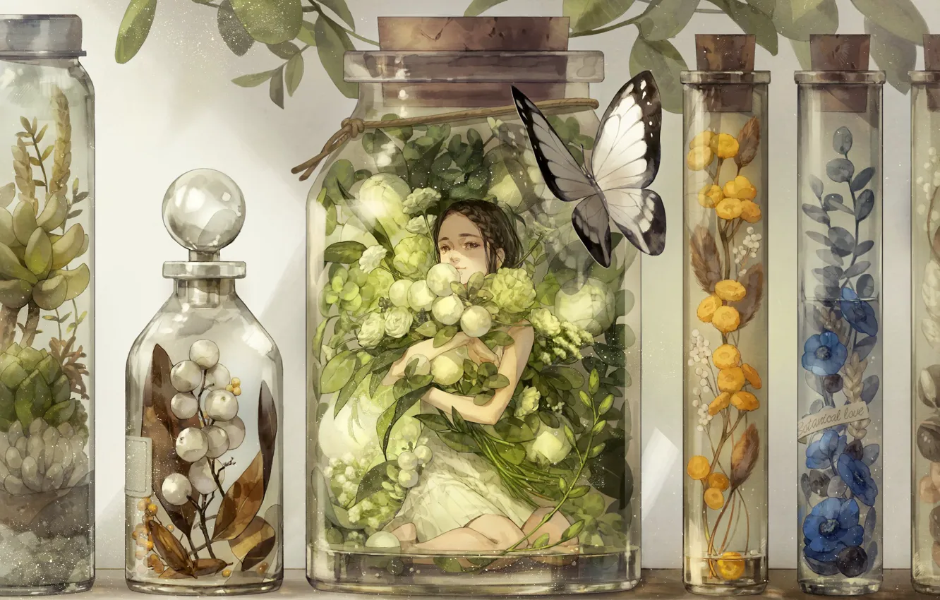Photo wallpaper bubbles, butterfly, fairy, jars, tube, tubes, plants and flowers, yellow flowers