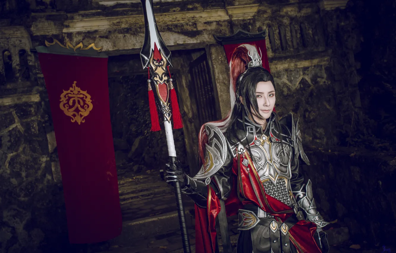 Photo wallpaper style, spear, male, background, armor, cosplay