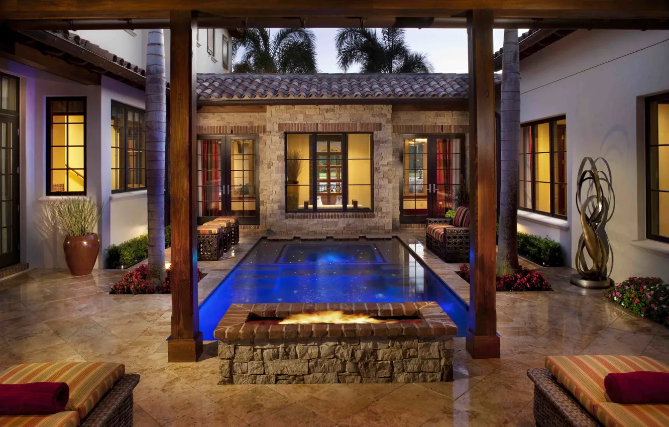 Photo wallpaper interior, pool, hearth, terrace, Florida, patio, courtyard, villa Cahill Home