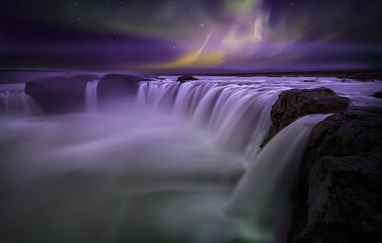 Photo wallpaper rocks, waterfall, Northern lights