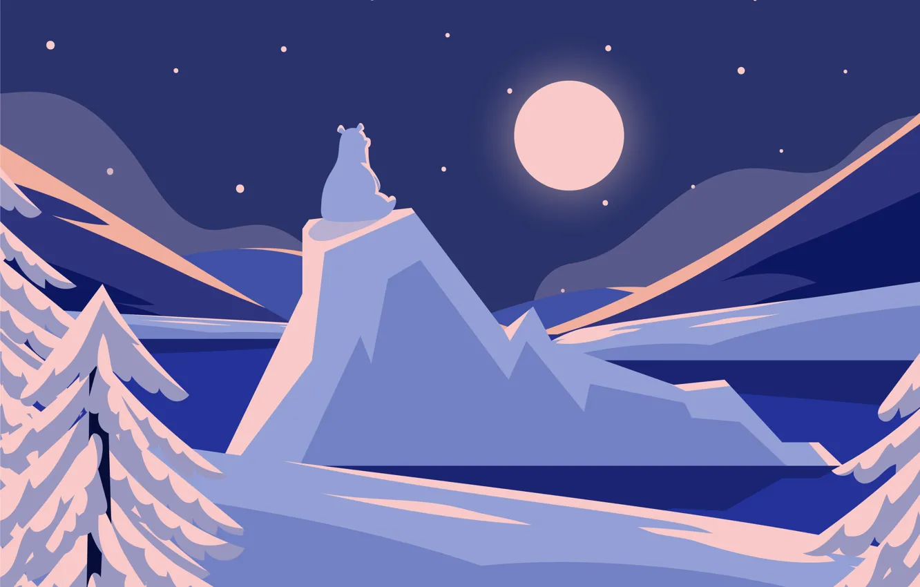 Photo wallpaper ice, winter, the sky, stars, snow, trees, landscape, mountains