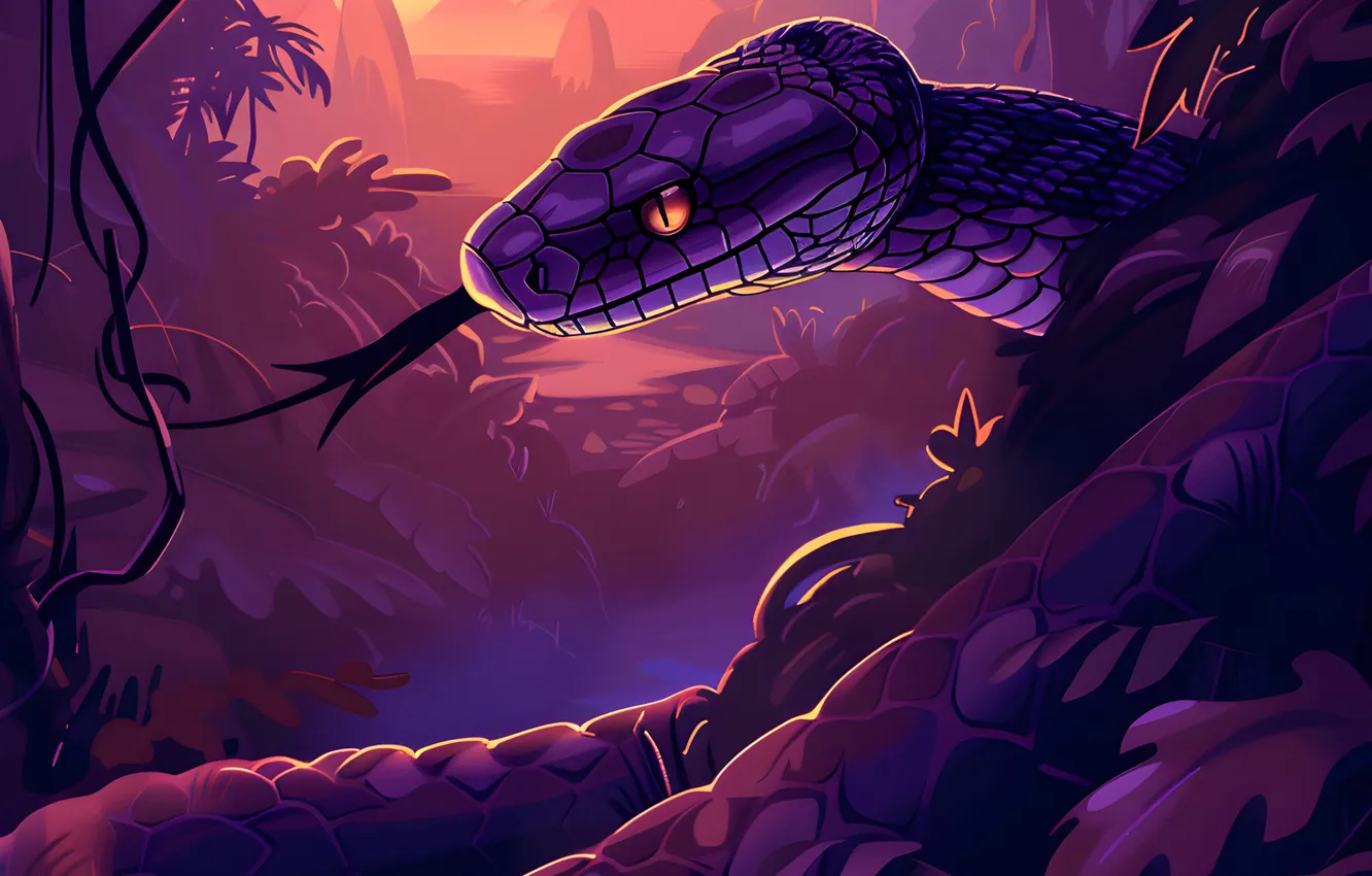 Photo wallpaper language, grass, face, leaves, animal, dawn, snake, art