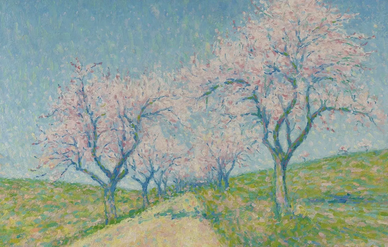 Photo wallpaper landscape, picture, spring, Achille Lauge, Achilles Box, The road between the Almond Trees in Bloom