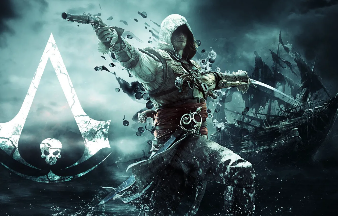 Photo wallpaper gun, ship, sword, flag, pirate, assassin, Edward Kenway, Assassin's Creed IV: Black Flag