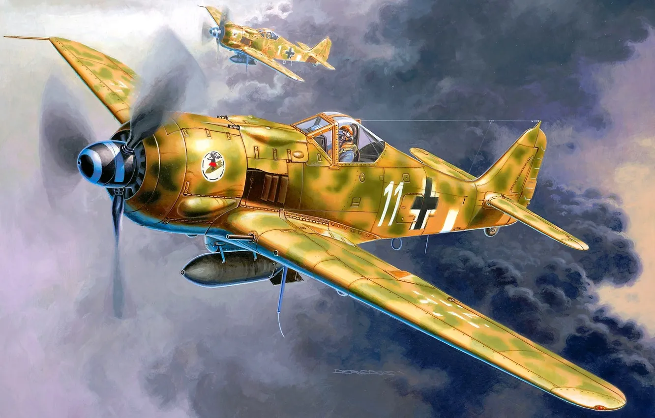 Photo wallpaper the sky, figure, fighter, art, pair, the plane, German, WW2