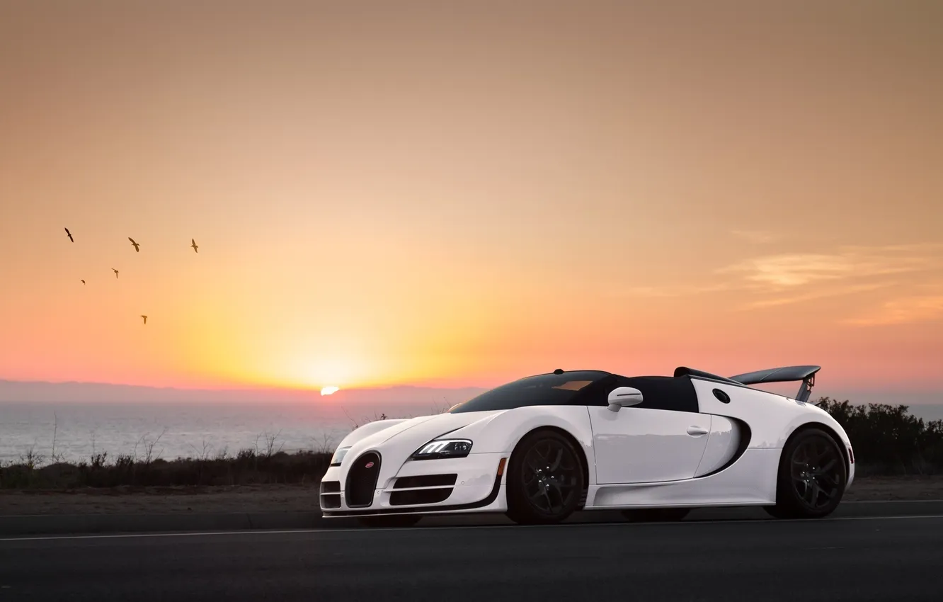 Photo wallpaper Bugatti, Veyron, Sky, Front, Sun, Sunset, White, Supercar