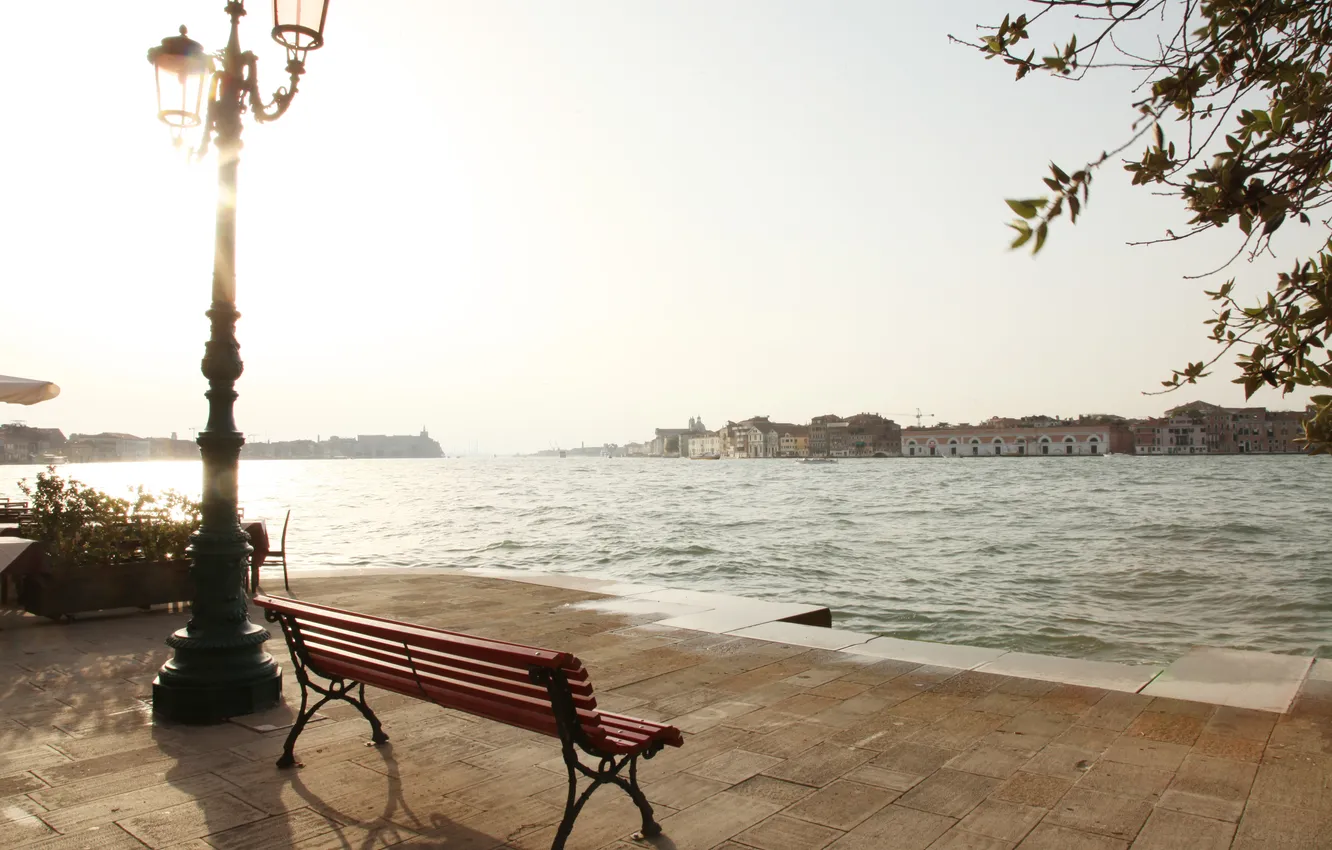 Photo wallpaper the city, lights, Venice, bench