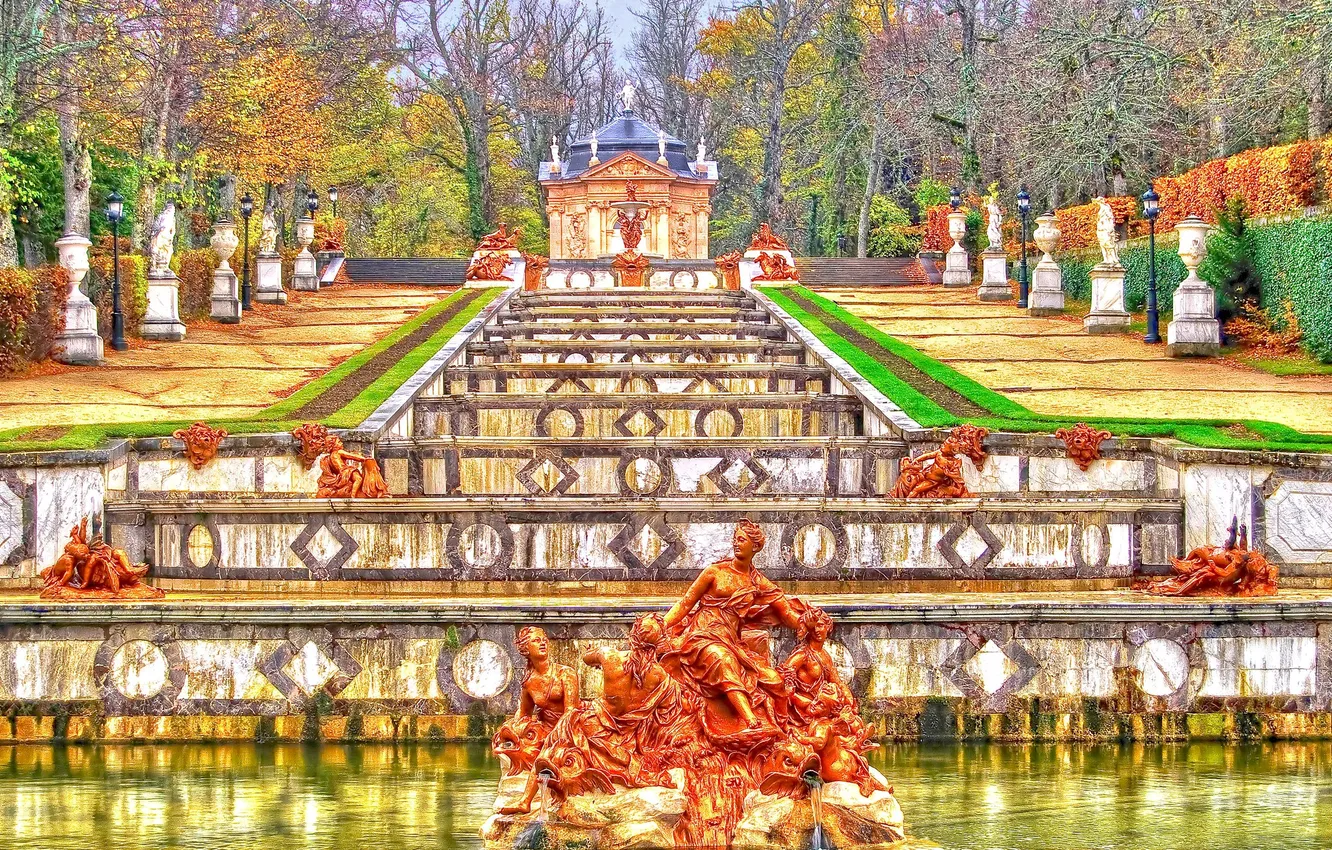 Photo wallpaper autumn, the sky, clouds, Park, fountain, Spain, cascade, Segovia