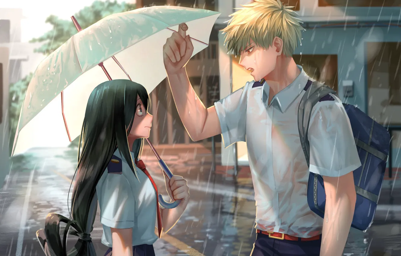 Photo wallpaper girl, rain, umbrella, guy, My hero Academy, My Hero Academia, Boku No Hero Academy, Bakuga …