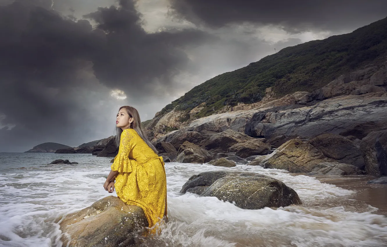 Photo wallpaper sea, girl, shore