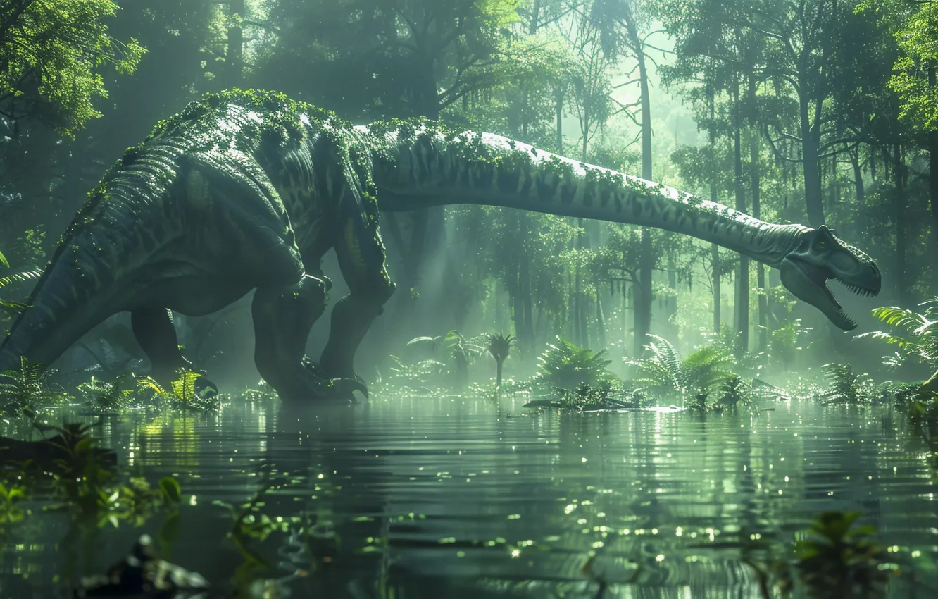 Photo wallpaper grass, water, trees, animal, dinosaur, digital art, Ancient animals, Extinct animals