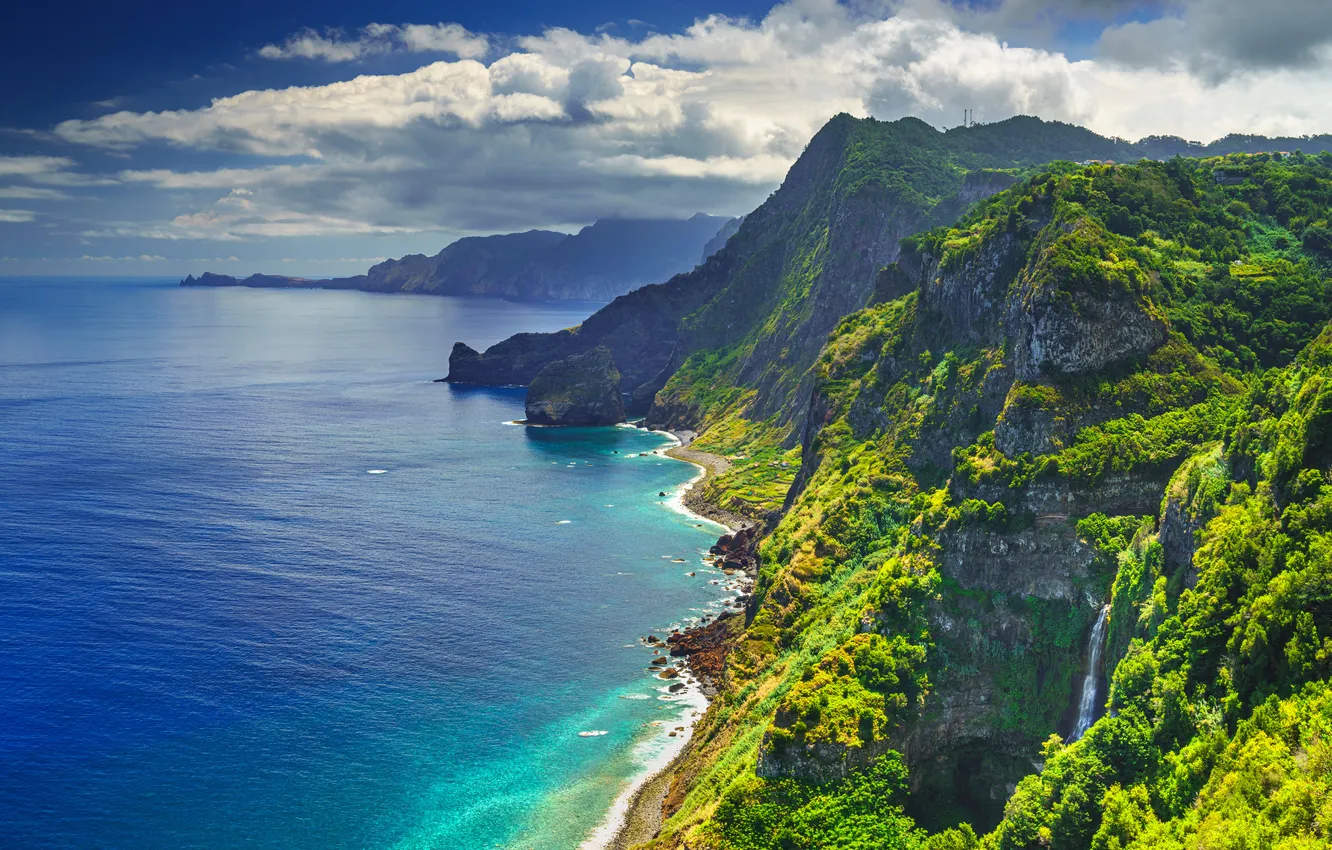 Photo wallpaper sea, beach, the sky, clouds, light, mountains, blue, rocks