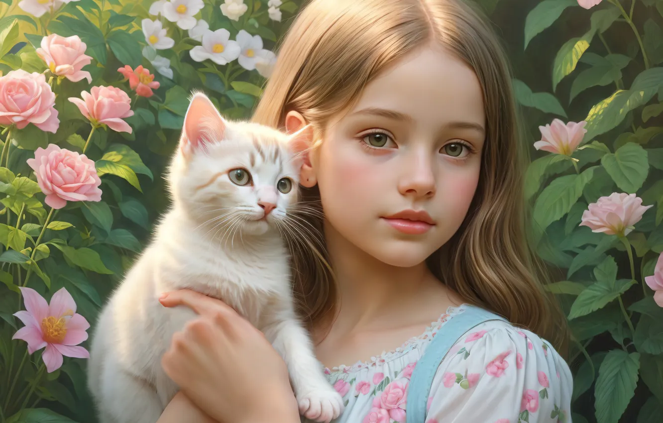 Photo wallpaper cat, white, summer, look, flowers, face, pose, portrait