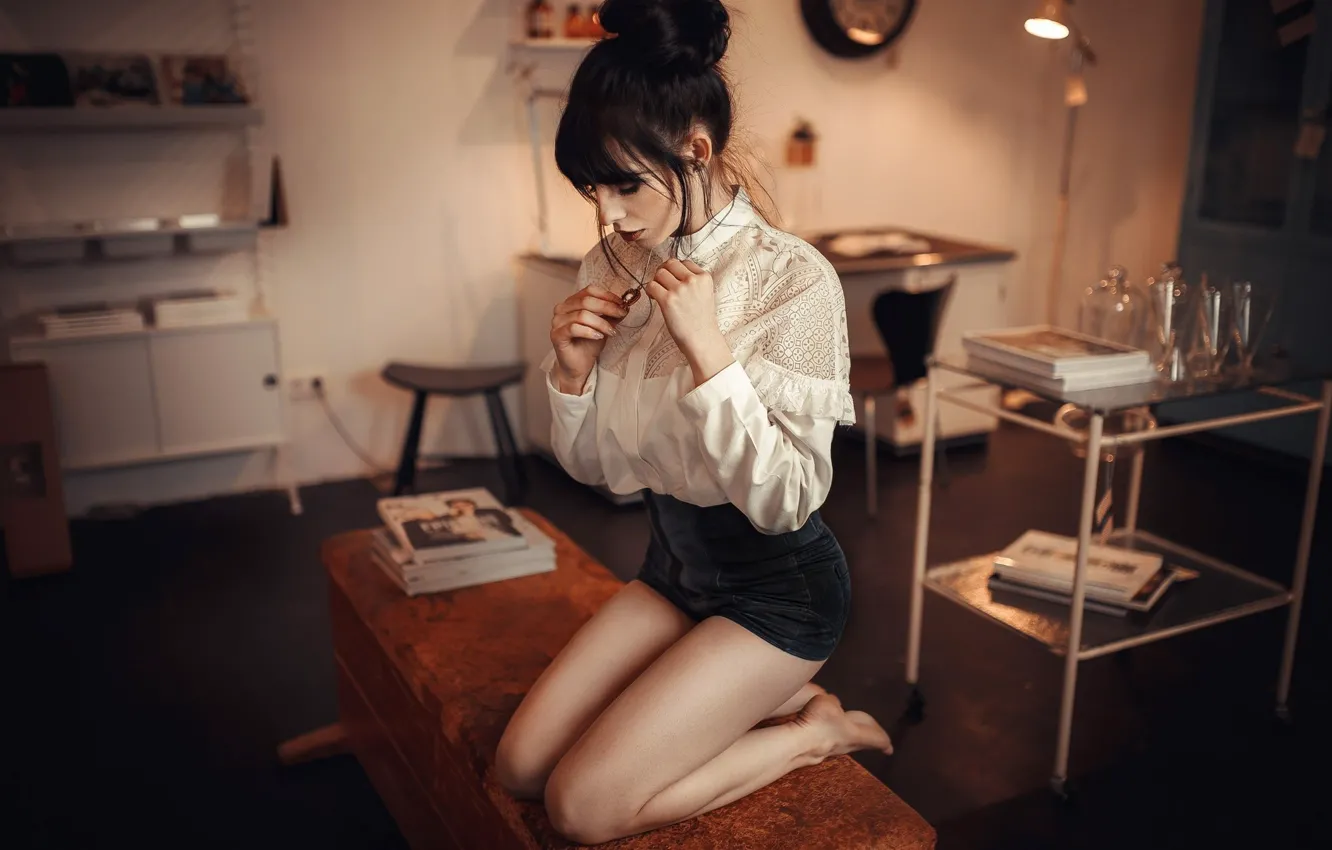 Photo wallpaper pose, room, model, lamp, skirt, portrait, interior, makeup