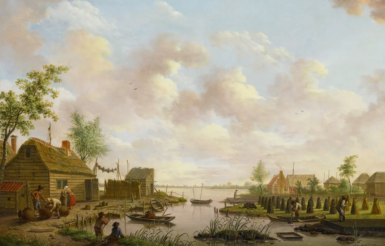 Photo wallpaper tree, oil, picture, Hendrik Willem Sweikhardt, Landscape with Fishermen and Farmers Extracting Peat