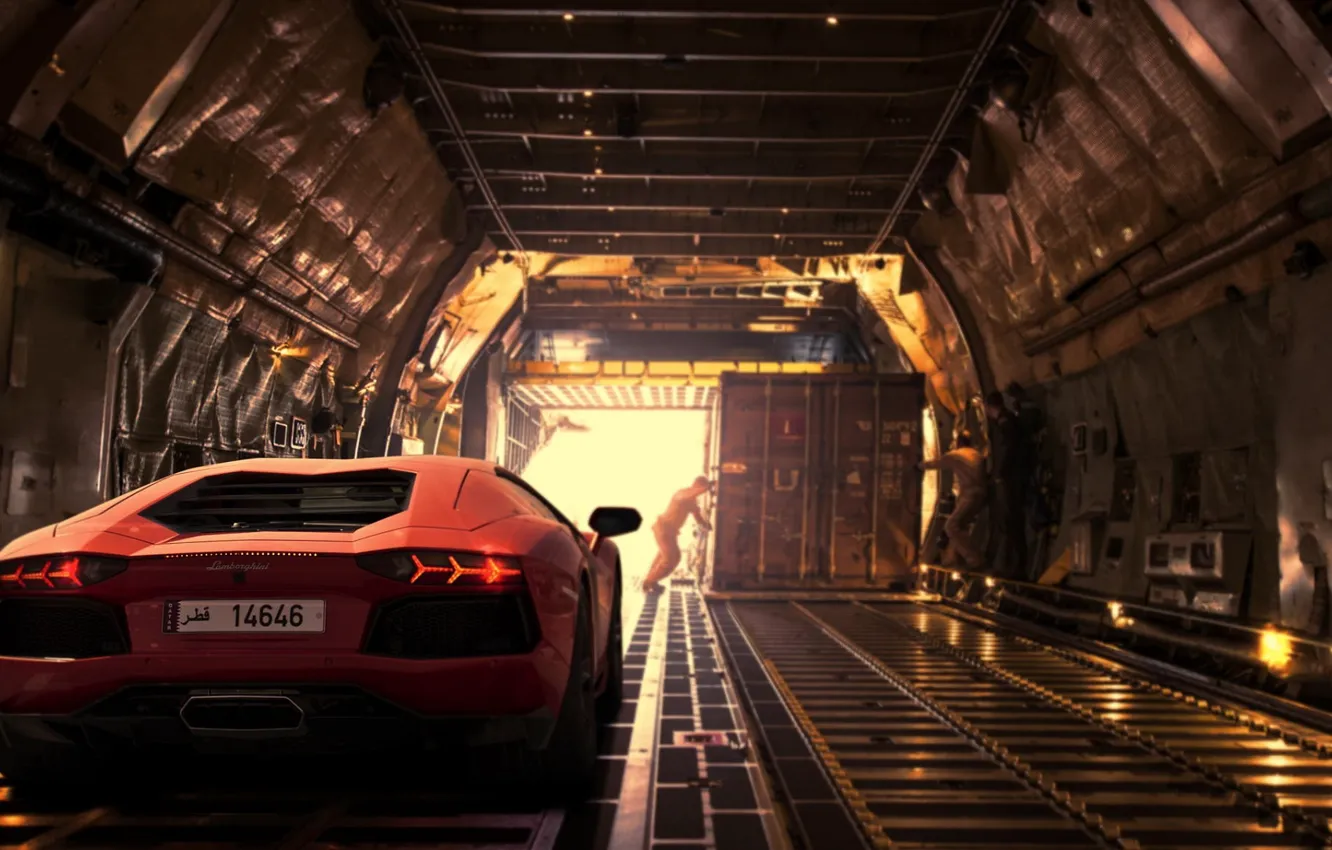 Photo wallpaper Lamborghini, Light, Orange, Dubai, LP700-4, Aventador, Supercar, Plane