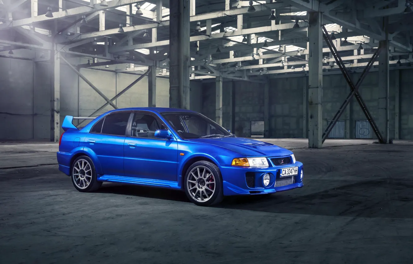 Photo wallpaper blue, hangar, Mitsubishi, Lancer, blue, Lancer, Mitsubishi, evolution