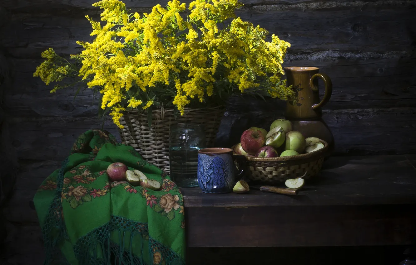 Photo wallpaper flowers, yellow, green, apples, bouquet, knife, mug, bowl