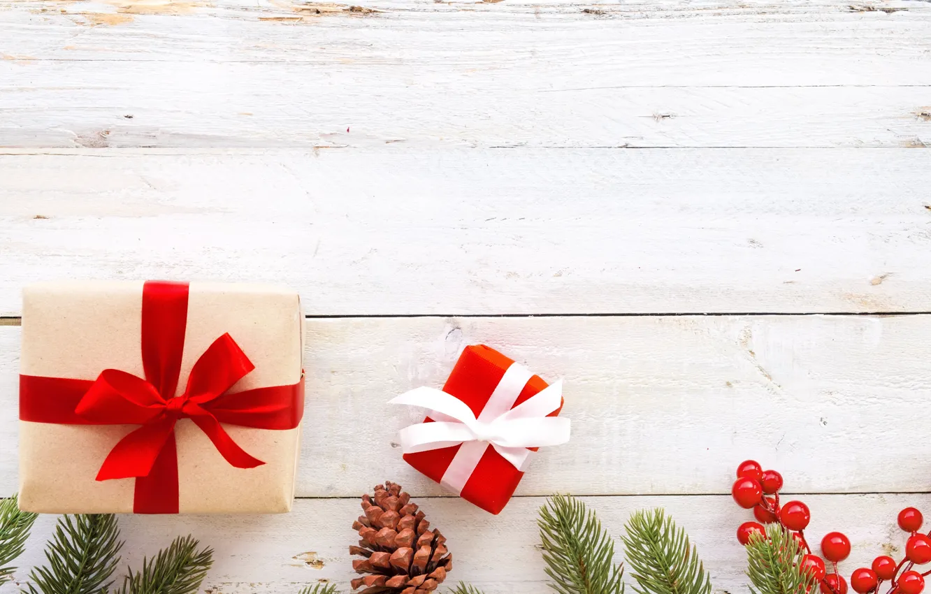 Photo wallpaper decoration, berries, holiday, gift, new year, bumps, fir-tree branches