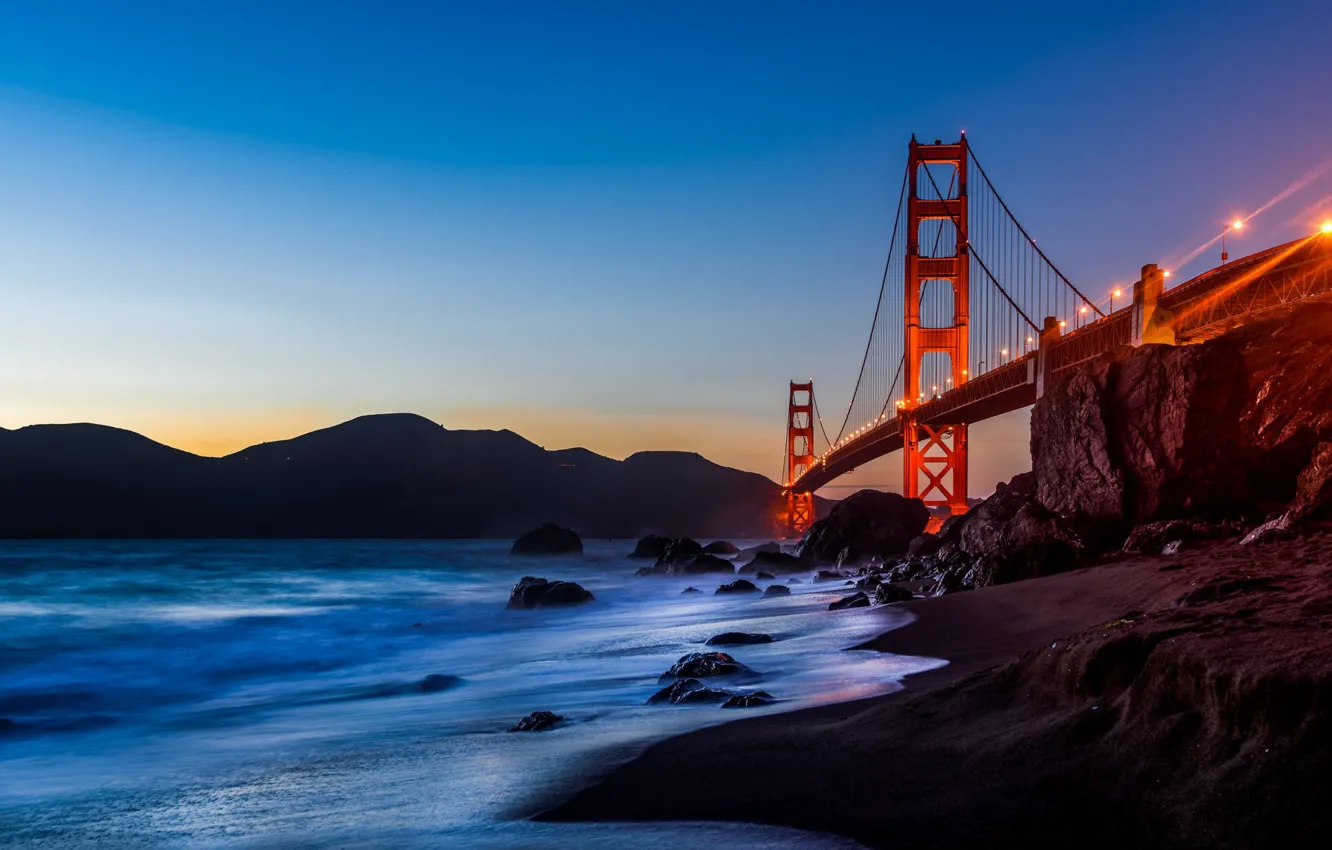 Photo wallpaper landscape, sunset, mountains, bridge, Strait, stones, rocks, the evening