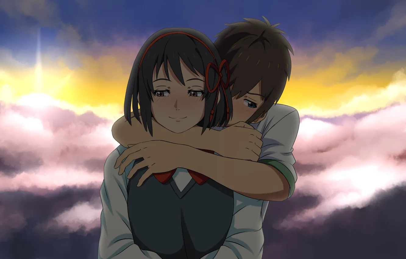 Photo wallpaper sunset, romance, anime, art, two, hugs, Kimi no VA On, Your name