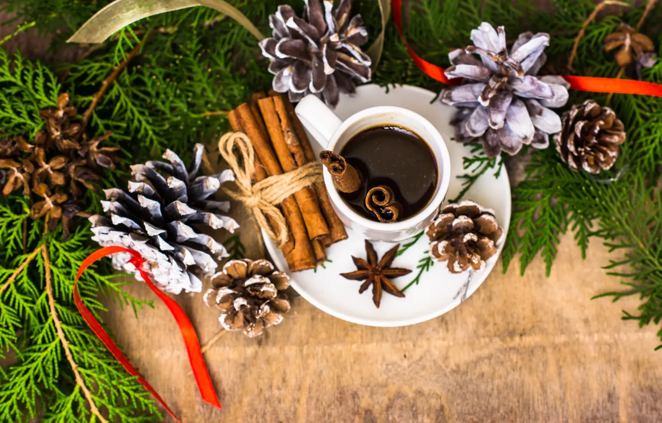 Photo wallpaper decoration, tree, new year, coffee, Christmas, Cup, cinnamon, Christmas