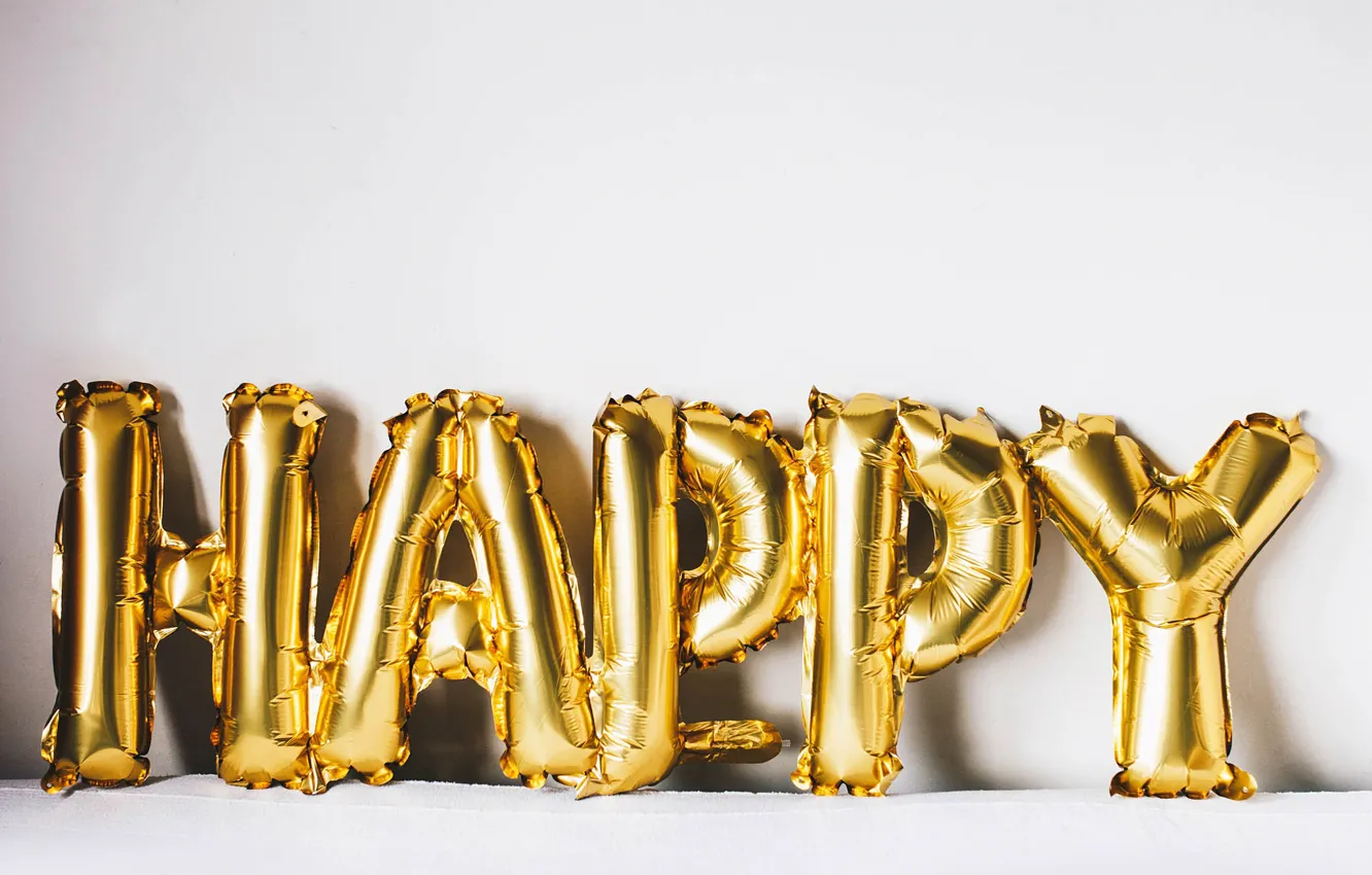 Photo wallpaper happiness, letters, balls, happy, gold, inflatable