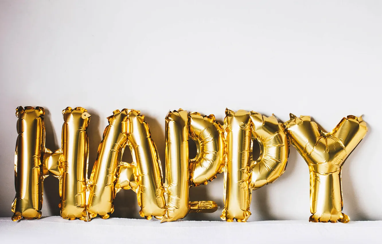 Photo wallpaper happiness, letters, balls, gold, inflatable, Happy