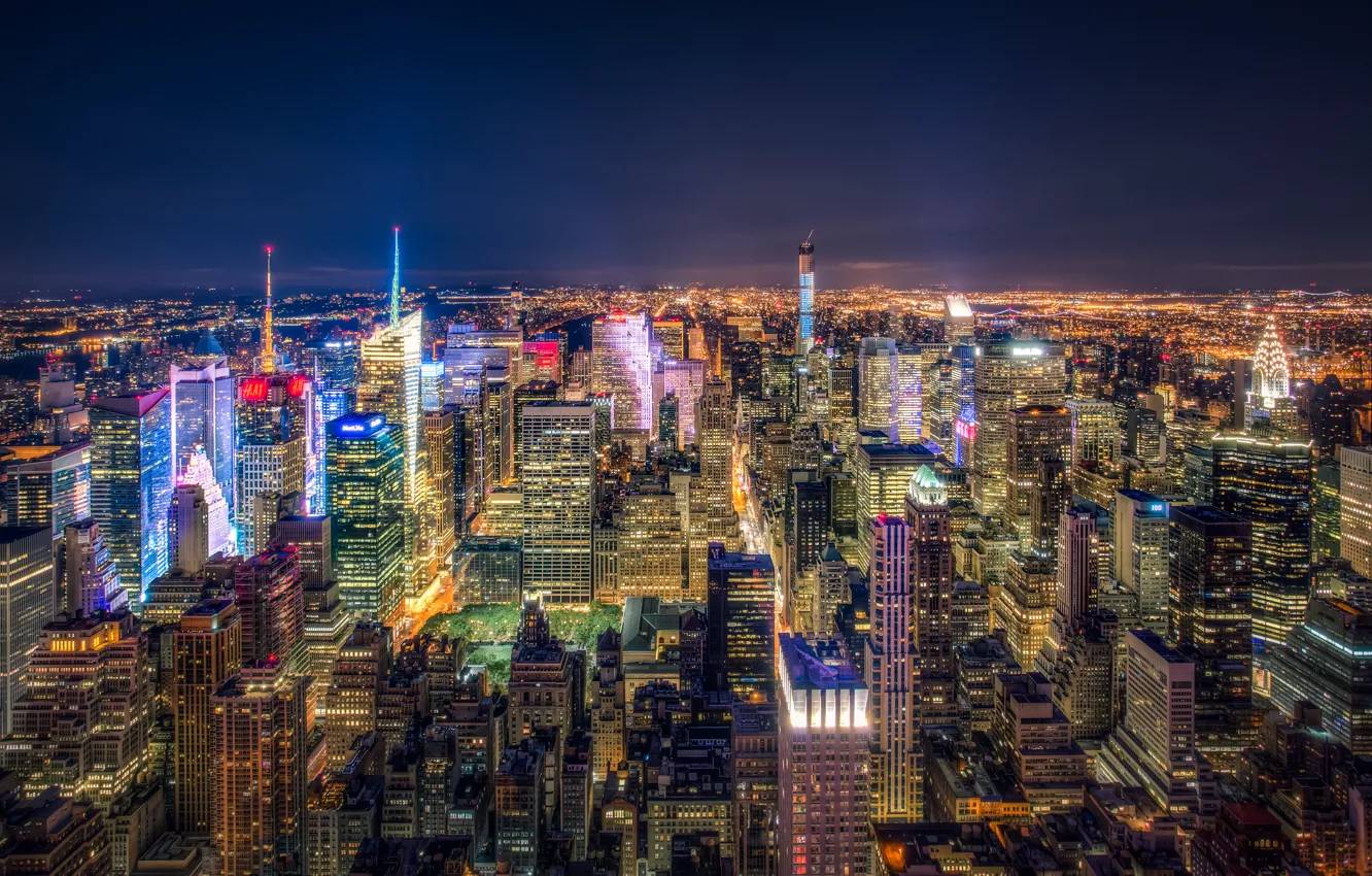 Photo wallpaper night, lights, New York, skyscrapers, panorama, USA, megapolis