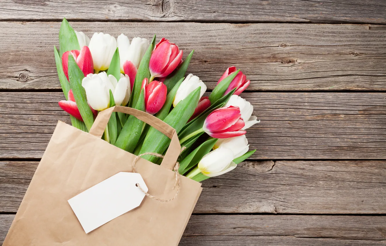 Photo wallpaper flowers, bouquet, tulips, red, white, wood, flowers, tulips