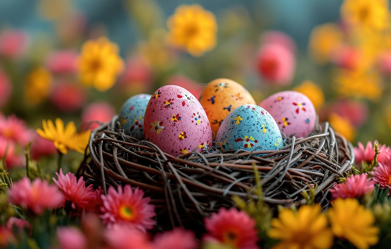 Photo wallpaper flowers, eggs, spring, colorful, Easter, pink, flowers, spring