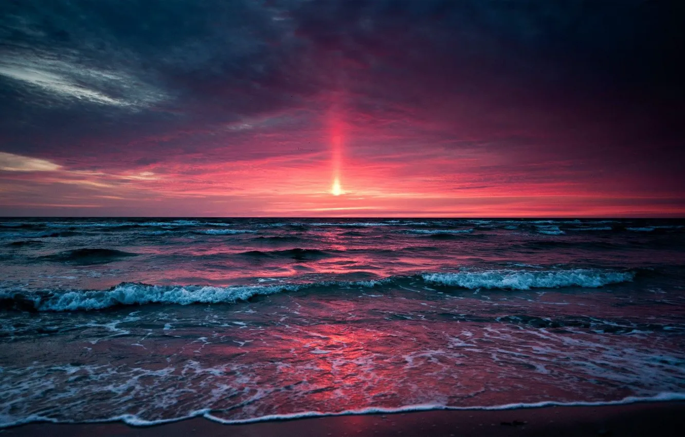 Photo wallpaper sea, wave, beach, the sky, the sun, sunset, clouds, reflection
