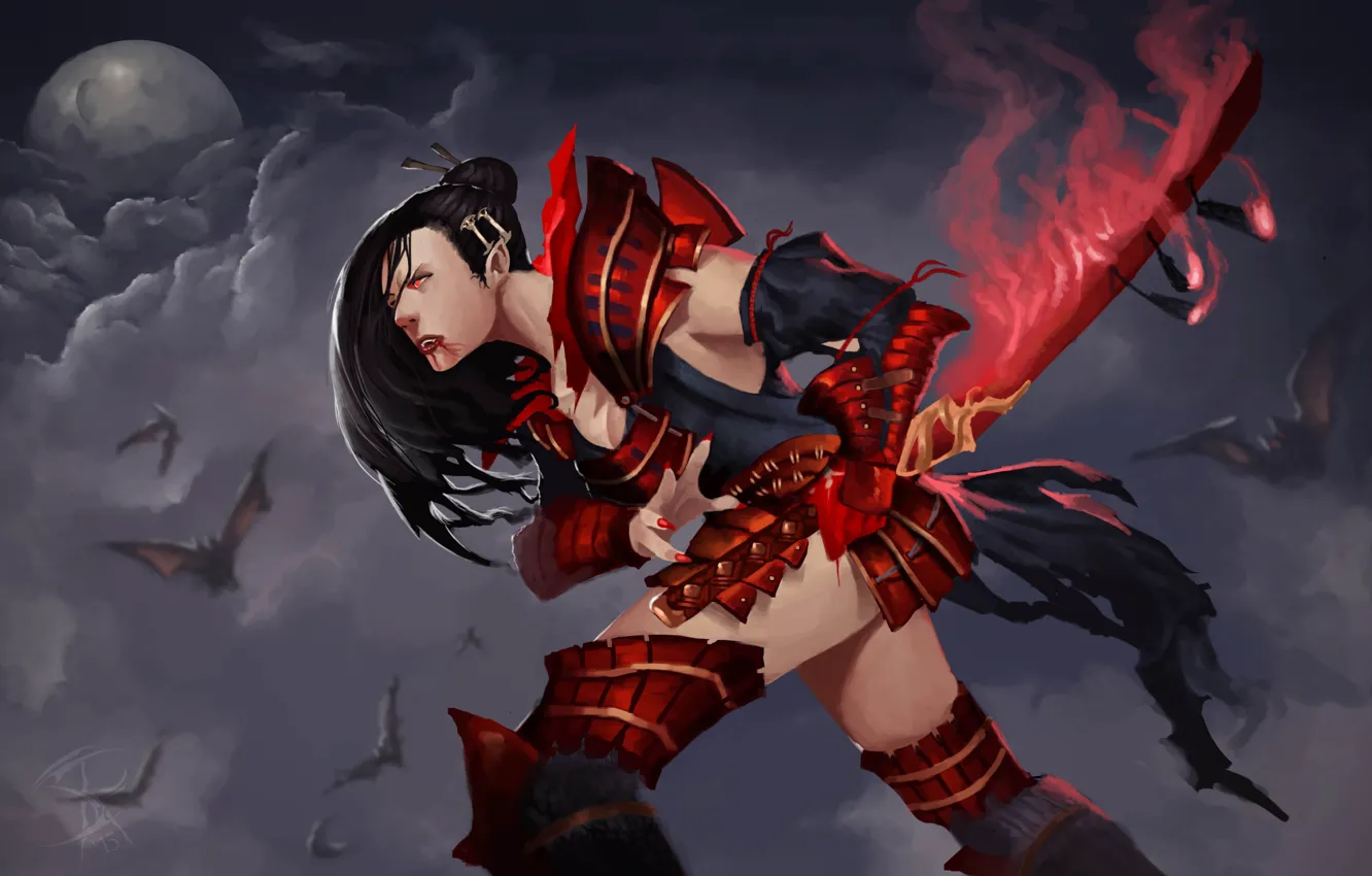 Photo wallpaper girl, night, samurai, bats, warrior, vampire