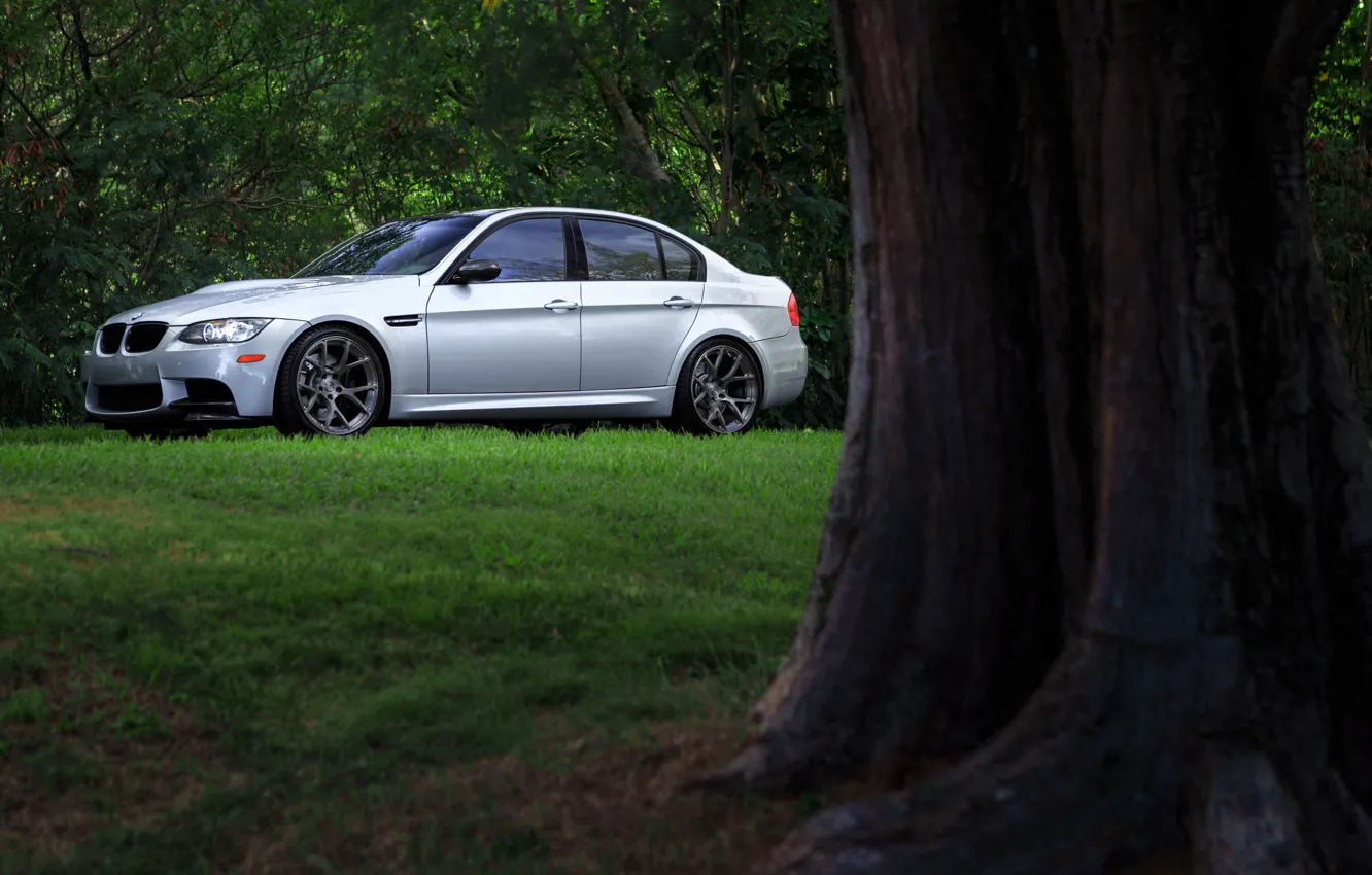 Photo wallpaper BMW, Grass, Sedan, E90, Silver