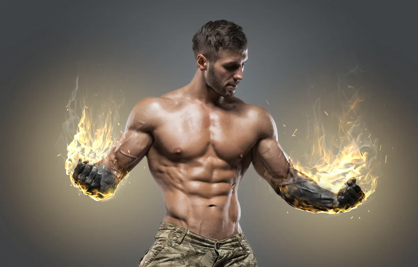 Photo wallpaper fire, exercise, guy, fitness, bodybuilding, combustion, caucasian, burn