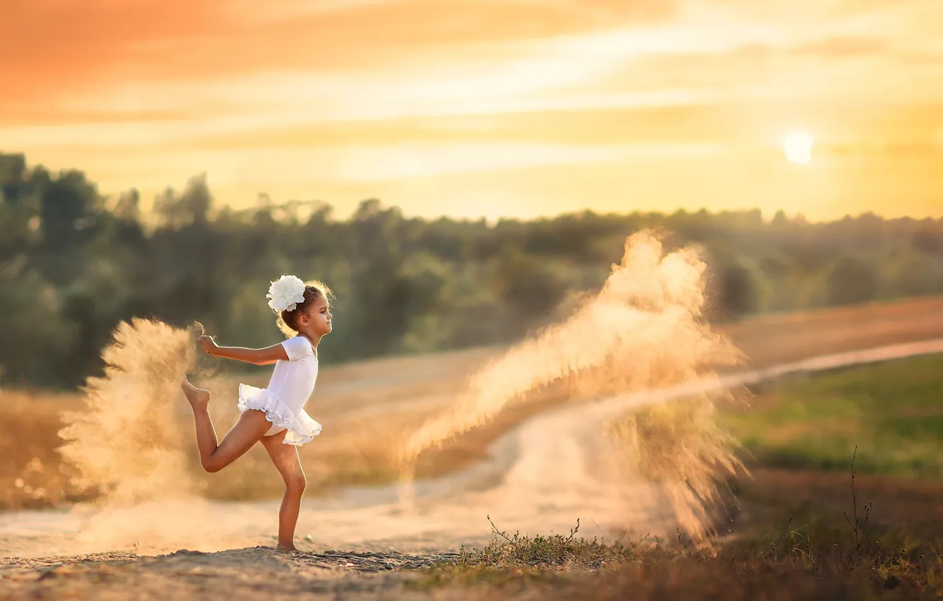 Photo wallpaper sand, dust, girl, Dancing with dust