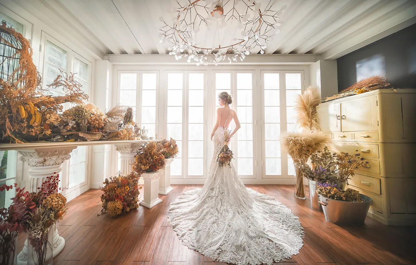 Photo wallpaper girl, flowers, dress, outfit, the bride