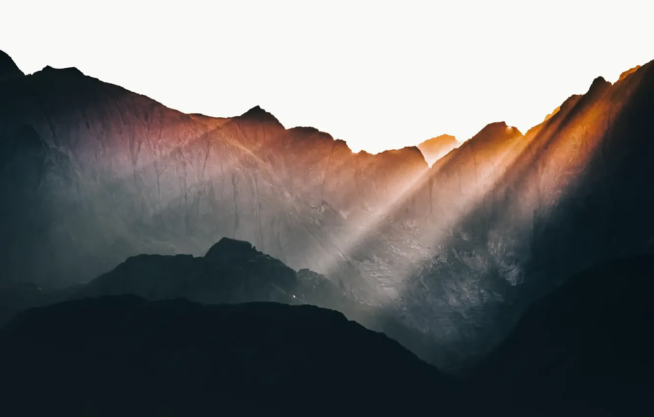 Photo wallpaper light, mountains, fog