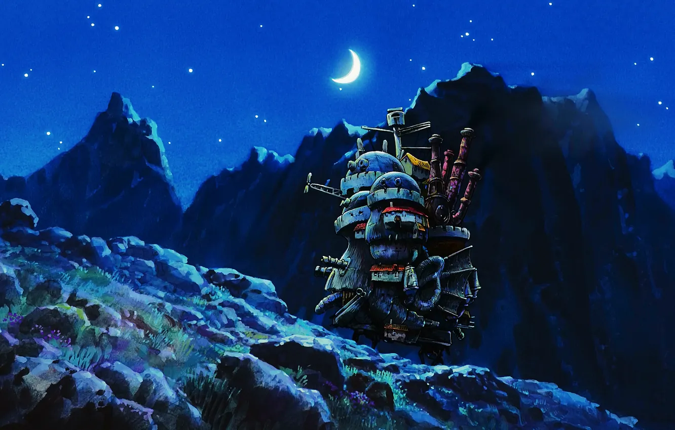 Photo wallpaper moon, landscape, anime, night, art, land, mountains, stars