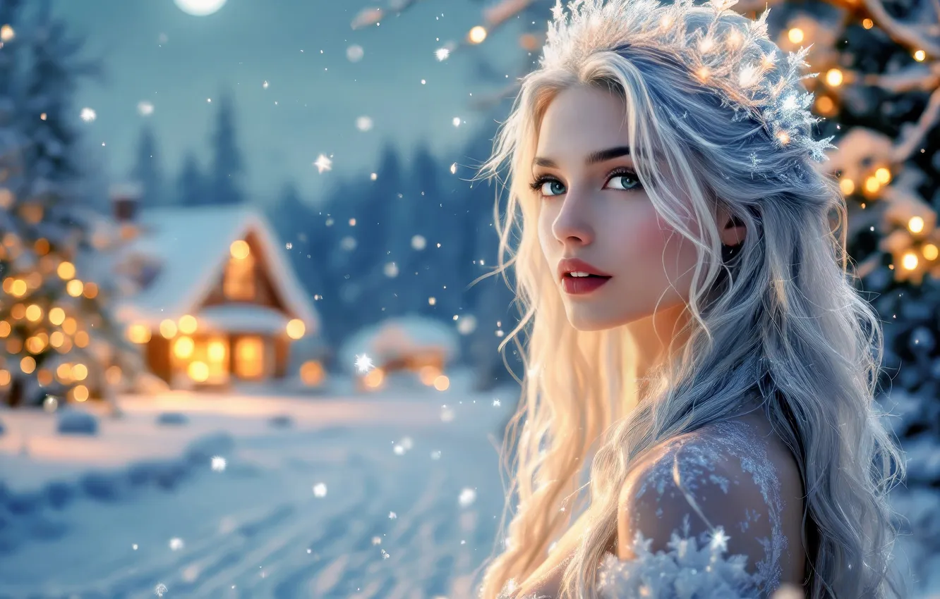 Photo wallpaper winter, road, forest, look, girl, light, snow, snowflakes