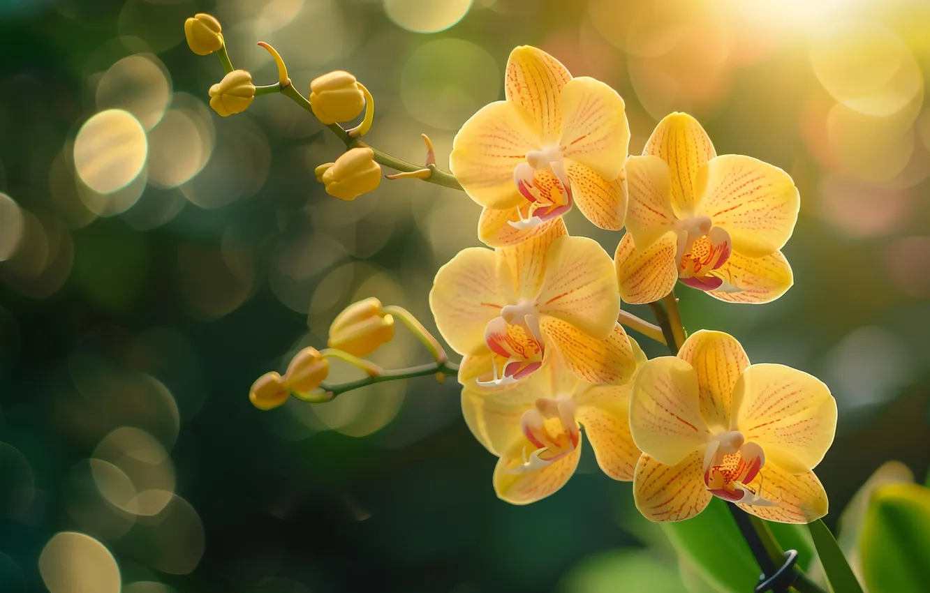 Photo wallpaper rays, light, flowers, branches, yellow, Orchid, bokeh, AI art