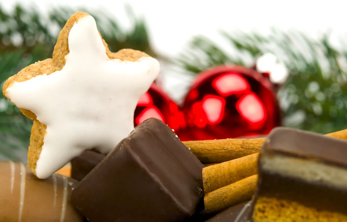 Photo wallpaper chocolate, branch, cookies, candy, tree, cinnamon, asterisk, Christmas decorations