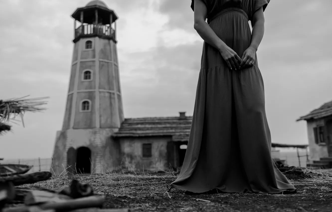 Photo wallpaper girl, lighthouse, dress, monochrome, Mikhail Potapov