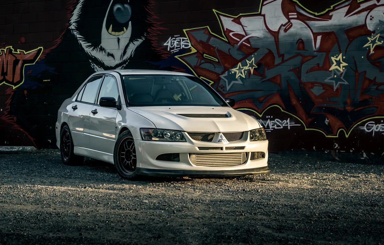 Photo wallpaper Mitsubishi, Lancer, Evolution, graffiti, White, VIII