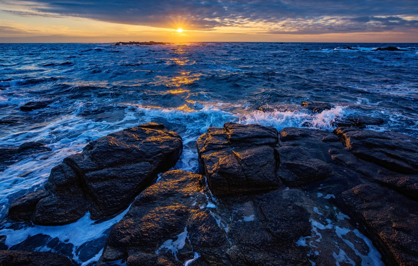 Photo wallpaper sea, the sun, clouds, sunset, stones, rocks