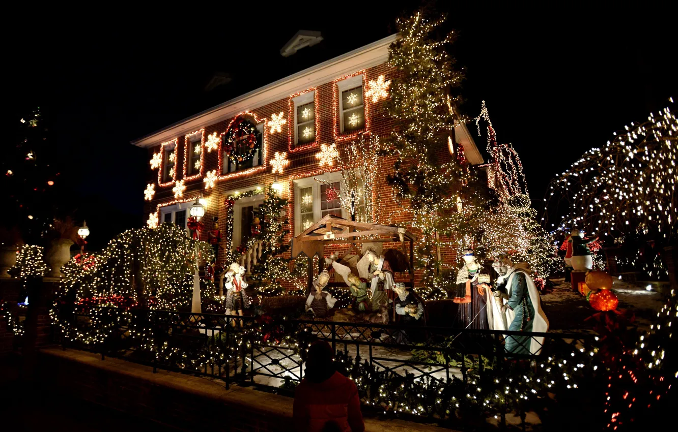 Photo wallpaper gift, tree, new year, Christmas, garland, Christmas, New Year, The festive atmosphere