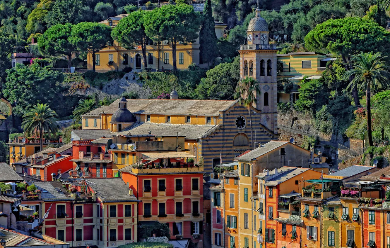 Photo wallpaper trees, landscape, paint, tower, home, slope, Italy, Church