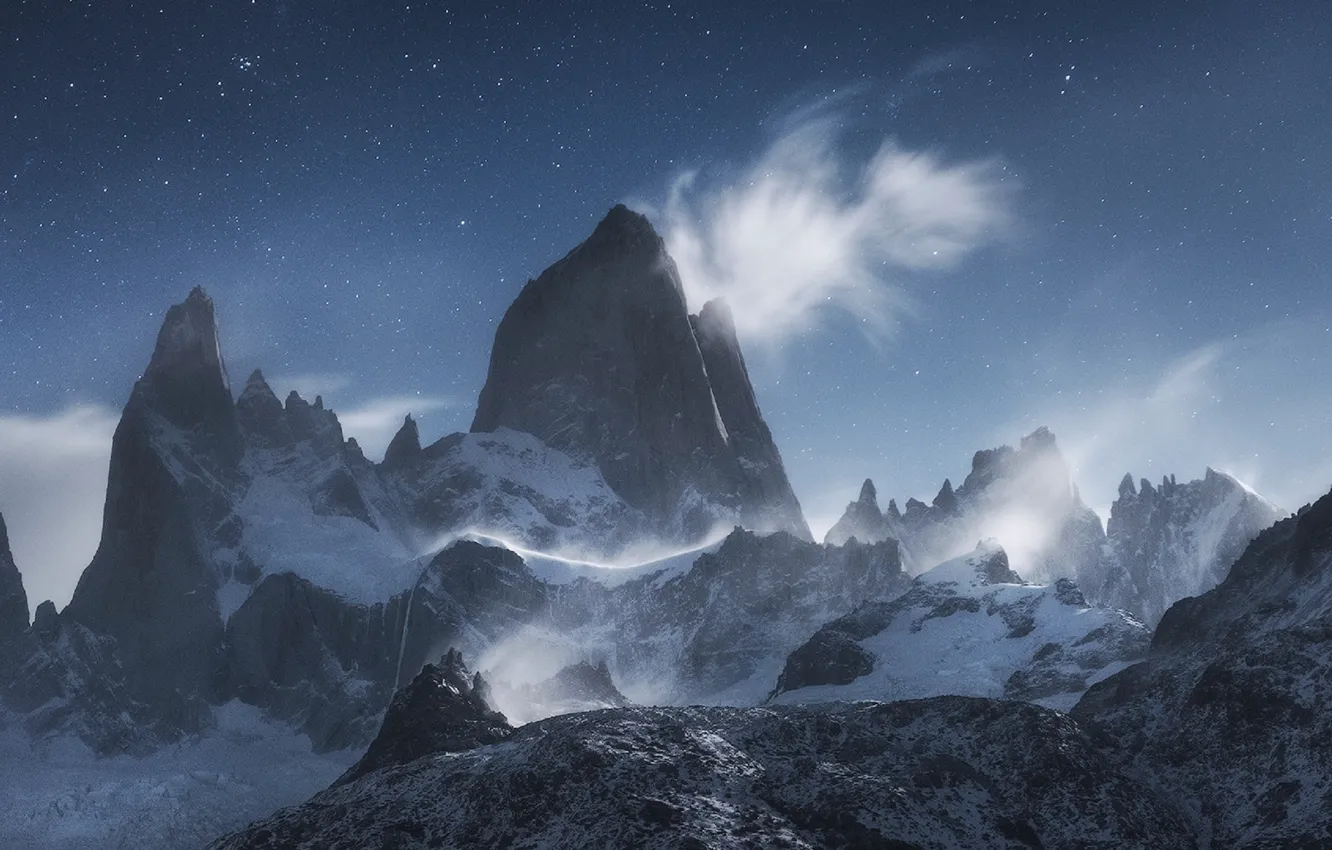 Photo wallpaper the sky, stars, snow, mountains, night, nature, rocks